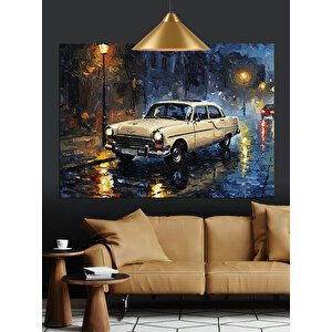 Yağmurlu Sokakta Beyaz Araba Dekoratif Kanvas - Mdf Ahşap Tablo