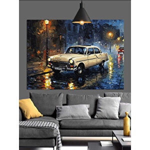 Yağmurlu Sokakta Beyaz Araba Dekoratif Kanvas - Mdf Ahşap Tablo