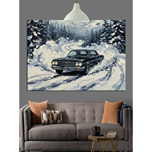 Karda Kayarak Giden Araba Dekoratif Kanvas - Mdf Ahşap Tablo