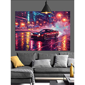 Neon Işıklı Spor Araba Dekoratif Kanvas - Mdf Ahşap Tablo 70x100 cm