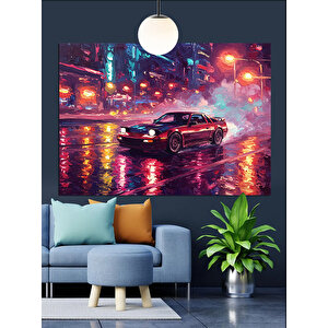 Neon Işıklı Spor Araba Dekoratif Kanvas - Mdf Ahşap Tablo