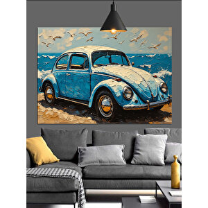 Mavi Araba Sahil Manzarası Dekoratif Kanvas - Mdf Ahşap Tablo 70x100 cm