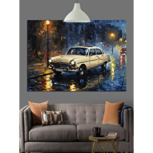 Yağmurlu Sokakta Beyaz Araba Dekoratif Kanvas - Mdf Ahşap Tablo 35x50 cm