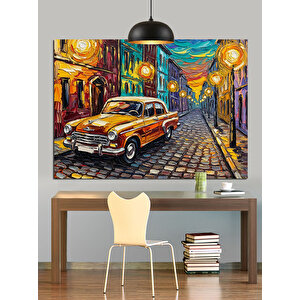 Islak Sokakta Sarı Araba Dekoratif Kanvas - Mdf Ahşap Tablo 70x100 cm