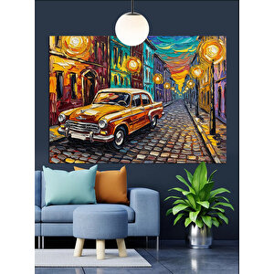 Islak Sokakta Sarı Araba Dekoratif Kanvas - Mdf Ahşap Tablo 70x100 cm