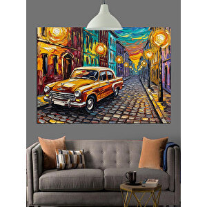Islak Sokakta Sarı Araba Dekoratif Kanvas - Mdf Ahşap Tablo