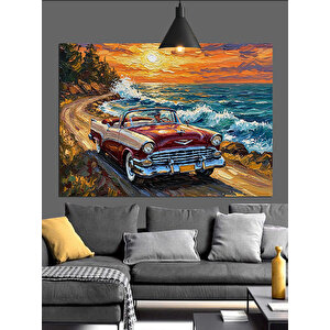 Sahilde Kırmızı Klasik Araba Dekoratif Kanvas - Mdf Ahşap Tablo 70x100 cm