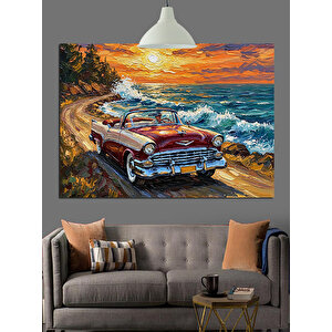 Sahilde Kırmızı Klasik Araba Dekoratif Kanvas - Mdf Ahşap Tablo