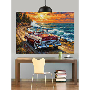 Sahilde Kırmızı Klasik Araba Dekoratif Kanvas - Mdf Ahşap Tablo