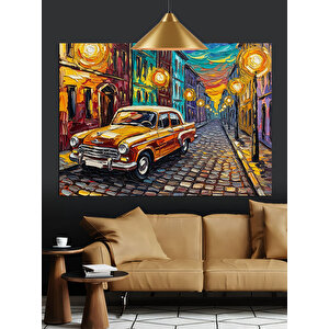 Islak Sokakta Sarı Araba Dekoratif Kanvas - Mdf Ahşap Tablo 35x50 cm