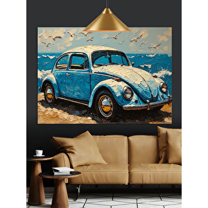 Mavi Araba Sahil Manzarası Dekoratif Kanvas - Mdf Ahşap Tablo 35x50 cm
