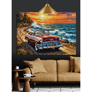 Sahilde Kırmızı Klasik Araba Dekoratif Kanvas - Mdf Ahşap Tablo 35x50 cm