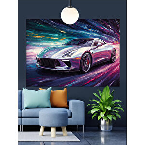 Renkli Işıkta Spor Araba Dekoratif Kanvas - Mdf Ahşap Tablo 70x100 cm