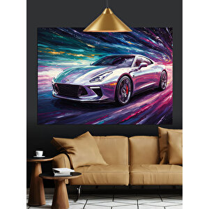 Renkli Işıkta Spor Araba Dekoratif Kanvas - Mdf Ahşap Tablo 70x100 cm
