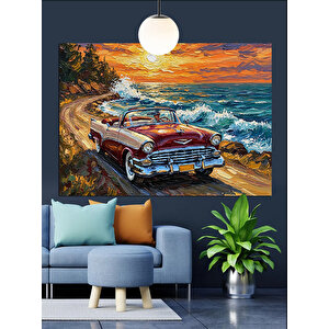 Sahilde Kırmızı Klasik Araba Dekoratif Kanvas - Mdf Ahşap Tablo 70x100 cm