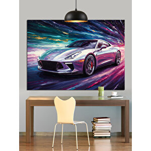 Renkli Işıkta Spor Araba Dekoratif Kanvas - Mdf Ahşap Tablo