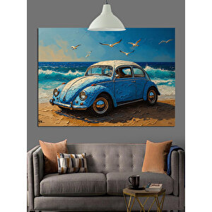 Sahilde Mavi Vosvos Araba Dekoratif Kanvas - Mdf Ahşap Tablo 50x70 cm