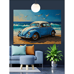 Sahilde Mavi Vosvos Araba Dekoratif Kanvas - Mdf Ahşap Tablo 50x70 cm