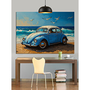 Sahilde Mavi Vosvos Araba Dekoratif Kanvas - Mdf Ahşap Tablo 70x100 cm