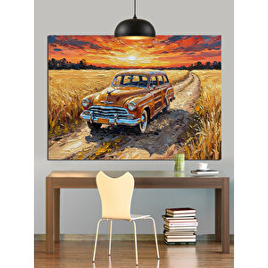 Buğday Tarlasında Eski Araba Dekoratif Kanvas - Mdf Ahşap Tablo