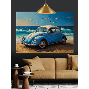 Sahilde Mavi Vosvos Araba Dekoratif Kanvas - Mdf Ahşap Tablo