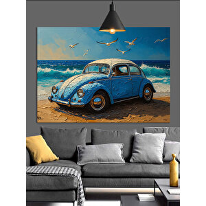 Sahilde Mavi Vosvos Araba Dekoratif Kanvas - Mdf Ahşap Tablo