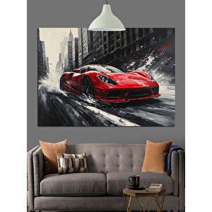 Yağmurlu Kırmızı Araba Dekoratif Kanvas - Mdf Ahşap Tablo