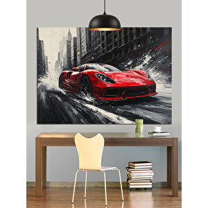 Yağmurlu Kırmızı Araba Dekoratif Kanvas - Mdf Ahşap Tablo