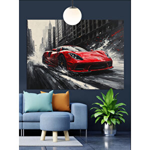 Yağmurlu Kırmızı Araba Dekoratif Kanvas - Mdf Ahşap Tablo 70x100 cm