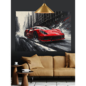 Yağmurlu Kırmızı Araba Dekoratif Kanvas - Mdf Ahşap Tablo 70x100 cm