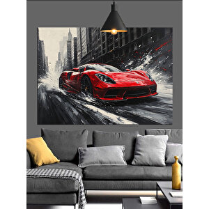 Yağmurlu Kırmızı Araba Dekoratif Kanvas - Mdf Ahşap Tablo 70x100 cm