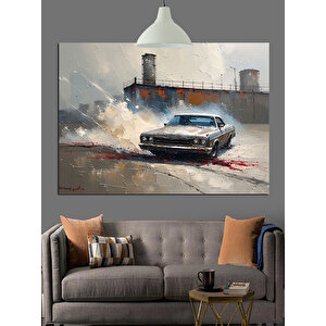 Yanlamasına Drift Yapan Araba Dekoratif Kanvas - Mdf Ahşap Tablo 70x100 cm