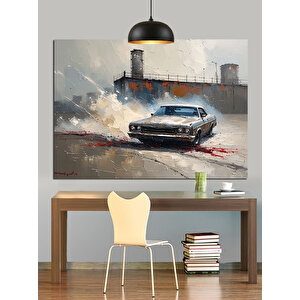 Yanlamasına Drift Yapan Araba Dekoratif Kanvas - Mdf Ahşap Tablo 70x100 cm