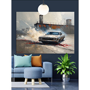 Yanlamasına Drift Yapan Araba Dekoratif Kanvas - Mdf Ahşap Tablo 70x100 cm