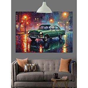 Yağmurlu Sokakta Eski Araba Dekoratif Kanvas - Mdf Ahşap Tablo 35x50 cm