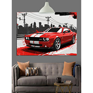 Grafik Çizimli Kırmızı Araba Dekoratif Kanvas - Mdf Ahşap Tablo 70x100 cm