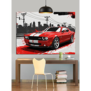 Grafik Çizimli Kırmızı Araba Dekoratif Kanvas - Mdf Ahşap Tablo 70x100 cm