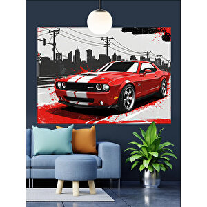 Grafik Çizimli Kırmızı Araba Dekoratif Kanvas - Mdf Ahşap Tablo