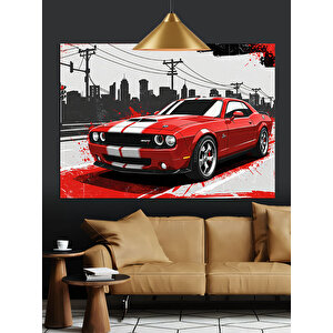 Grafik Çizimli Kırmızı Araba Dekoratif Kanvas - Mdf Ahşap Tablo