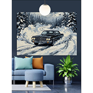 Karda Kayarak Giden Araba Dekoratif Kanvas - Mdf Ahşap Tablo 70x100 cm