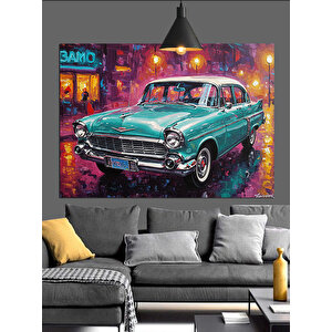 Yağmurlu Sokakta Yeşil Araba Dekoratif Kanvas - Mdf Ahşap Tablo