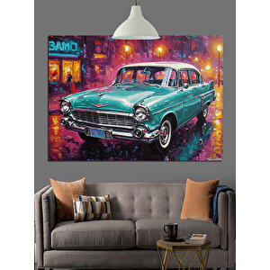 Yağmurlu Sokakta Yeşil Araba Dekoratif Kanvas - Mdf Ahşap Tablo