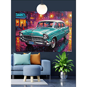 Yağmurlu Sokakta Yeşil Araba Dekoratif Kanvas - Mdf Ahşap Tablo 35x50 cm