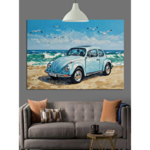 Deniz Kenarında Mavi Araba Dekoratif Kanvas - Mdf Ahşap Tablo 35x50 cm