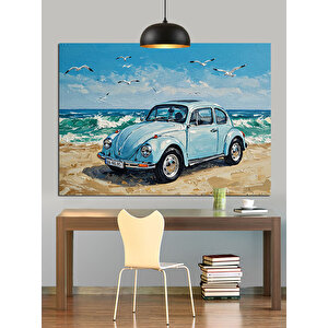Deniz Kenarında Mavi Araba Dekoratif Kanvas - Mdf Ahşap Tablo