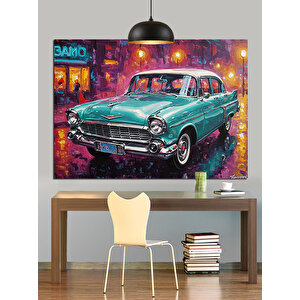 Yağmurlu Sokakta Yeşil Araba Dekoratif Kanvas - Mdf Ahşap Tablo 50x70 cm