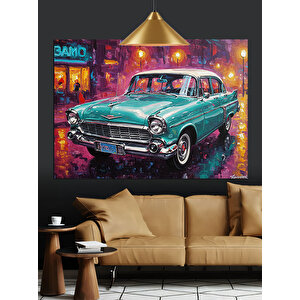 Yağmurlu Sokakta Yeşil Araba Dekoratif Kanvas - Mdf Ahşap Tablo 70x100 cm