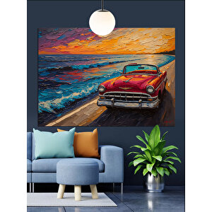 Renkli Gökyüzünde Kırmızı Araba Dekoratif Kanvas - Mdf Ahşap Tablo