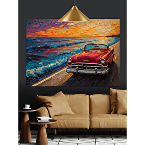 Renkli Gökyüzünde Kırmızı Araba Dekoratif Kanvas - Mdf Ahşap Tablo