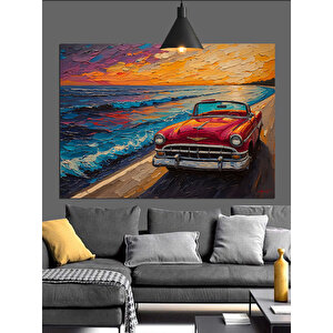 Renkli Gökyüzünde Kırmızı Araba Dekoratif Kanvas - Mdf Ahşap Tablo 70x100 cm